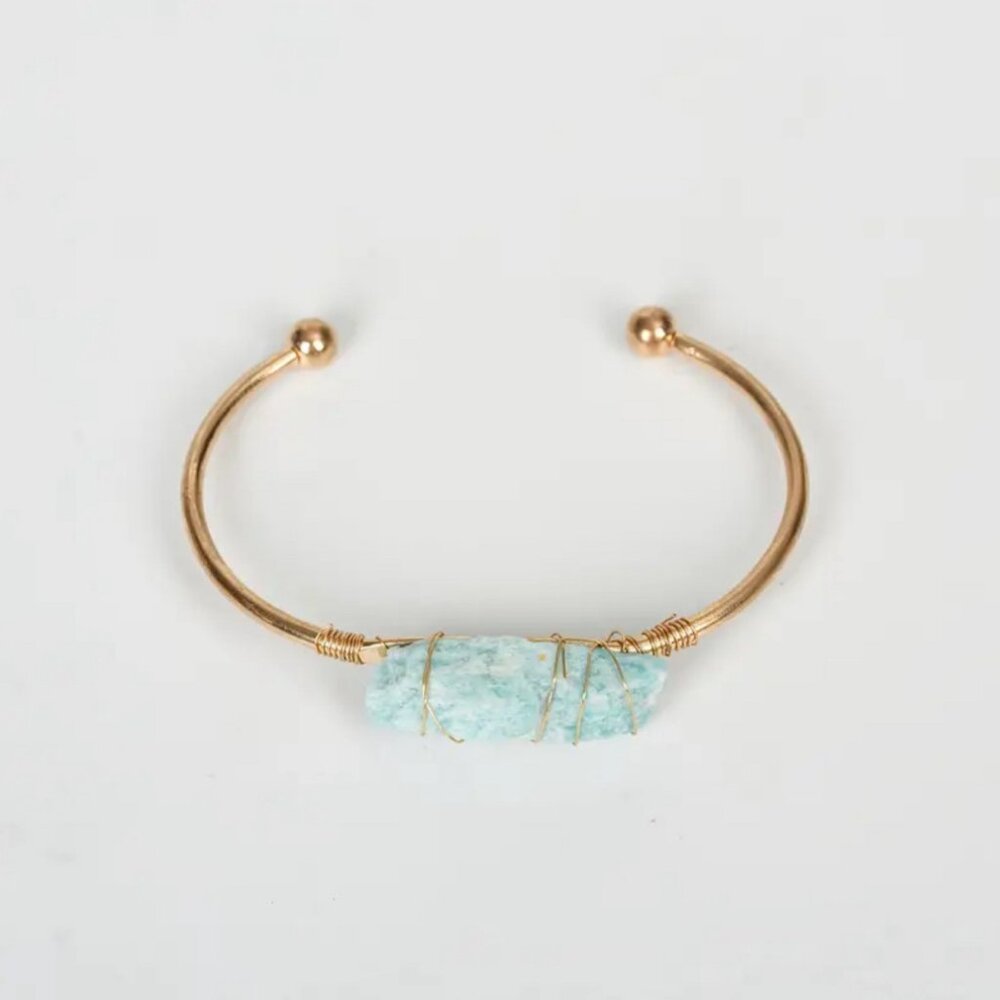 Wire Wrapped Natural Amazonite Gemstone Gold Tone Cuff Bangle - Bohemian Style